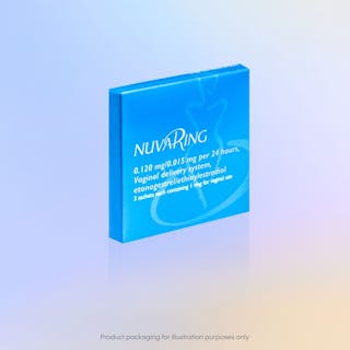 Blue NuvaRing packaging featuring dosage and usage details, subtly complemented by a light gradient background. The design parallels that of Xulane, emphasizing clarity and user-friendly information.