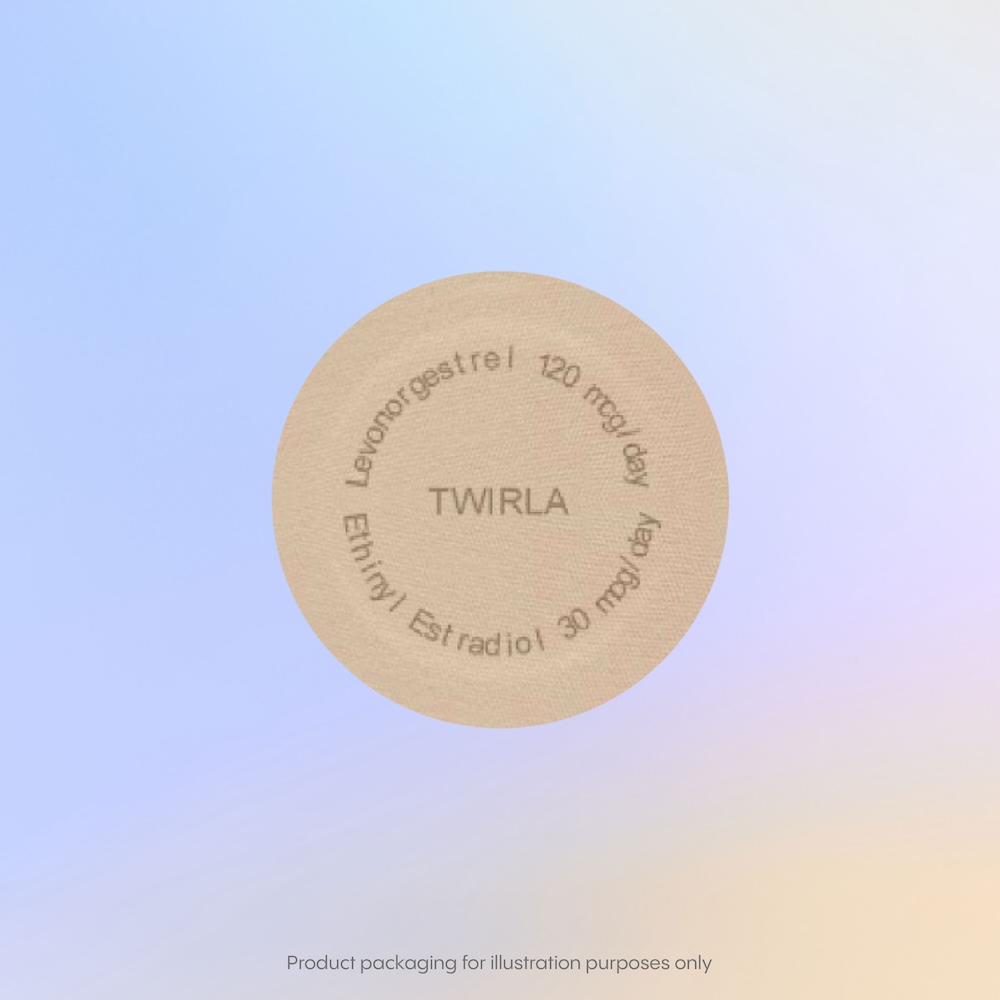 The round Twirla patch, similar to Xulane, is elegantly displayed on a gradient background, labeled with hormones levonorgestrel and ethinyl estradiol.