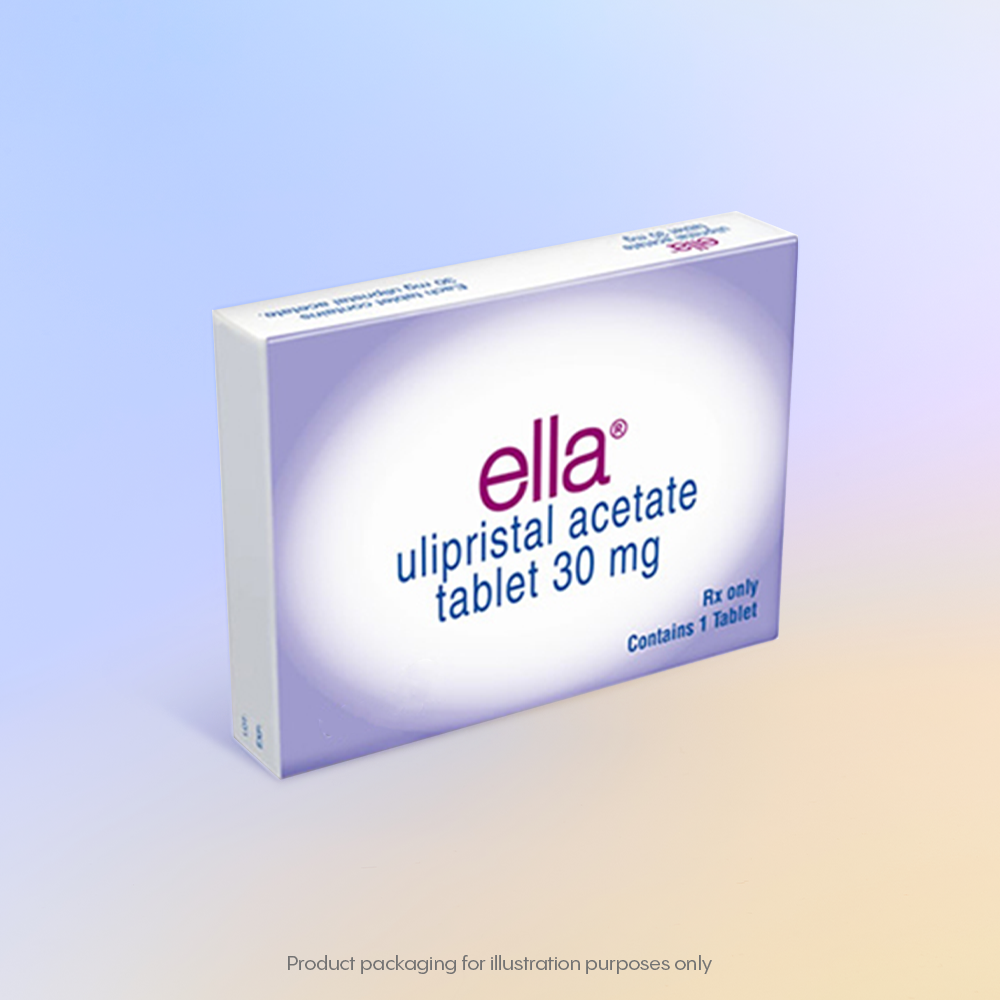 Box of Ella ulipristal acetate tablet 30 mg, labeled for prescription use, containing 1 tablet.