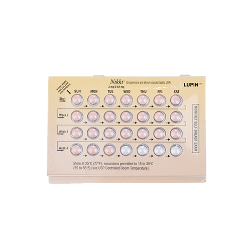 A monthly blister pack of Nikki birth control pills, showcasing organized rows and columns labeled meticulously by week and day.