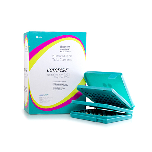 Camrese extended cycle tablet dispenser and its packaging, with a teal color scheme and bold lettering.