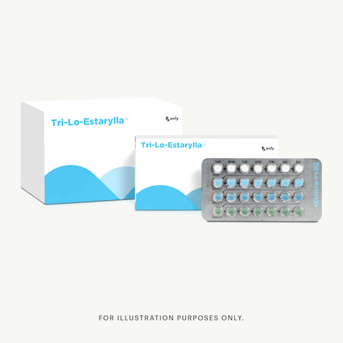 A box and blister pack of Tri-Lo-Estarylla birth control pills are displayed against a plain background, showcasing their practical design.