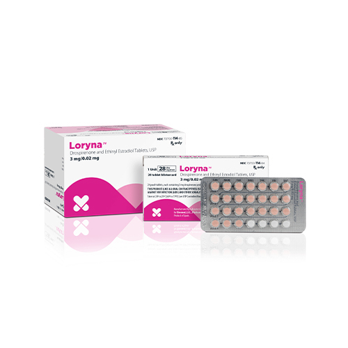 A sleek box and blister pack of Loryna, featuring birth control pills with a potent combination of drospirenone and ethinyl estradiol, at a 3 mg/0.02 mg dosage, offering reliable protection.