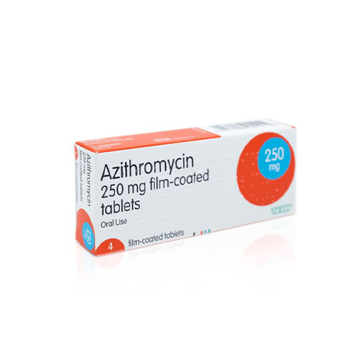 Box of Azithromycin 250 mg film-coated tablets for oral use, containing 4 tablets.