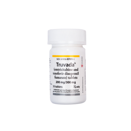 A bottle of Truvada tablets, prominently labeled with emtricitabine and tenofovir disoproxil fumarate, 200 mg/300 mg strength, intended for prescription use only.