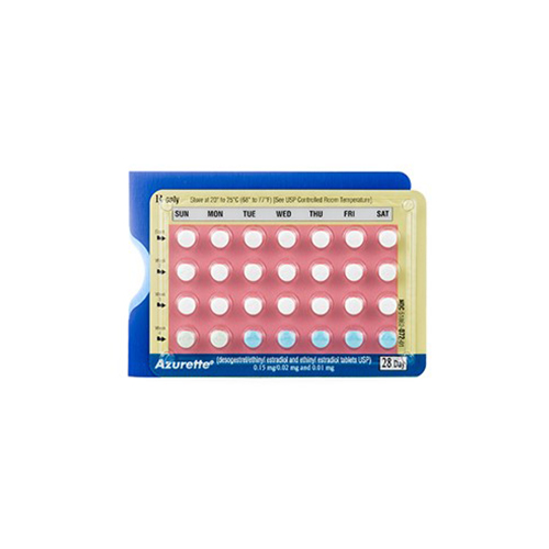 A pack of Azurette birth control pills with labeled days of the week and two types of pills: white and blue.