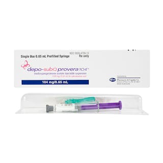 Depo-SubQ Provera 104 injectable suspension packaging with a prefilled syringe and needle, labeled for single-use, 0.65 mL, 104 mg/0.65 mL.