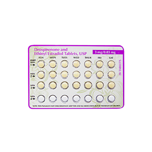 A blister pack of 28 tablets labeled as Drospirenone and Ethinyl Estradiol, with days of the week marked for each row.