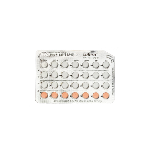 A blister pack of Lutera birth control pills with white and orange tablets, labeled with days of the week.