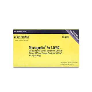 Box of Microgestin Fe 1.5/30, a 28-day regimen of norethindrone acetate, ethinyl estradiol, and ferrous fumarate tablets.