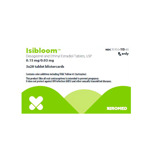 Packaging for Isibloom, a birth control medication with desogestrel and ethinyl estradiol. Contains 3x28 tablet blister cards.