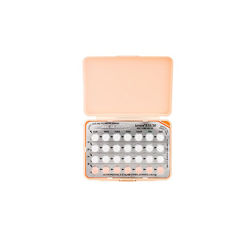 Open orange box showing a blister pack of contraceptive pills with round white tablets arranged in a grid.