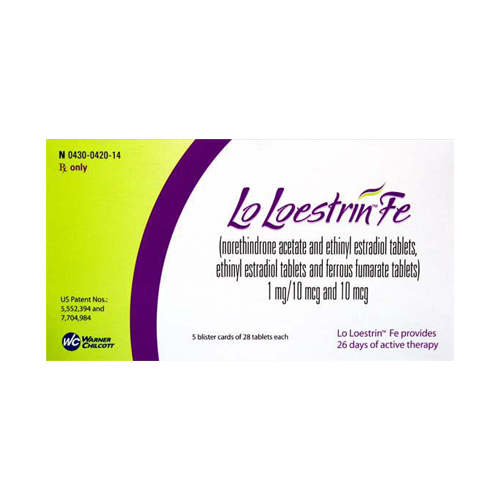 Box of Lo Loestrin Fe, a birth control medication containing norethindrone acetate, ethinyl estradiol, and ferrous fumarate, with 28 tablets per blister card.