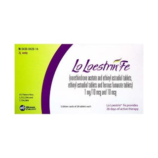 Box of Lo Loestrin Fe, a birth control medication containing norethindrone acetate, ethinyl estradiol, and ferrous fumarate, with 28 tablets per blister card.