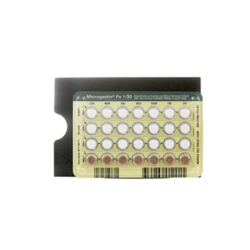 A pack of Microgestin Fe 1/20 birth control pills, consisting of 28 tablets arranged in four rows on a blister pack with a black sleeve.