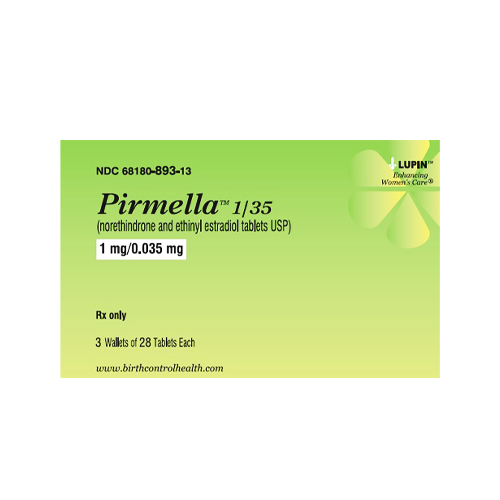 Green packaging for Pirmella 1/35, containing norethindrone and ethinyl estradiol tablets. Dosage is 1 mg/0.035 mg. Includes 3 wallets of 28 tablets each. For Rx only.