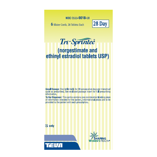 Package of Tri-Sprintec, a contraceptive with norgestimate and ethinyl estradiol. Contains 6 blister cards with 28 tablets each.