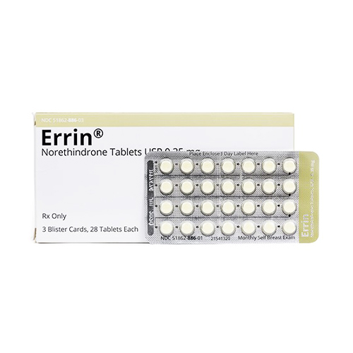 A box and blister pack of Errin norethindrone tablets, each containing 28 tablets, used for hormonal medication purposes.