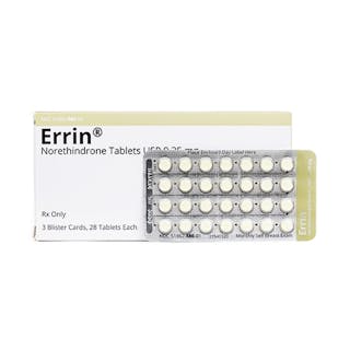 A box and blister pack of Errin norethindrone tablets, each containing 28 tablets, used for hormonal medication purposes.