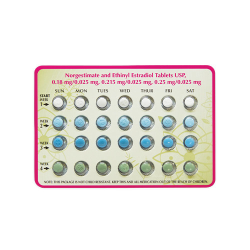 A blister pack with 28 birth control pills, labeled by week and day, with blue and white tablets.