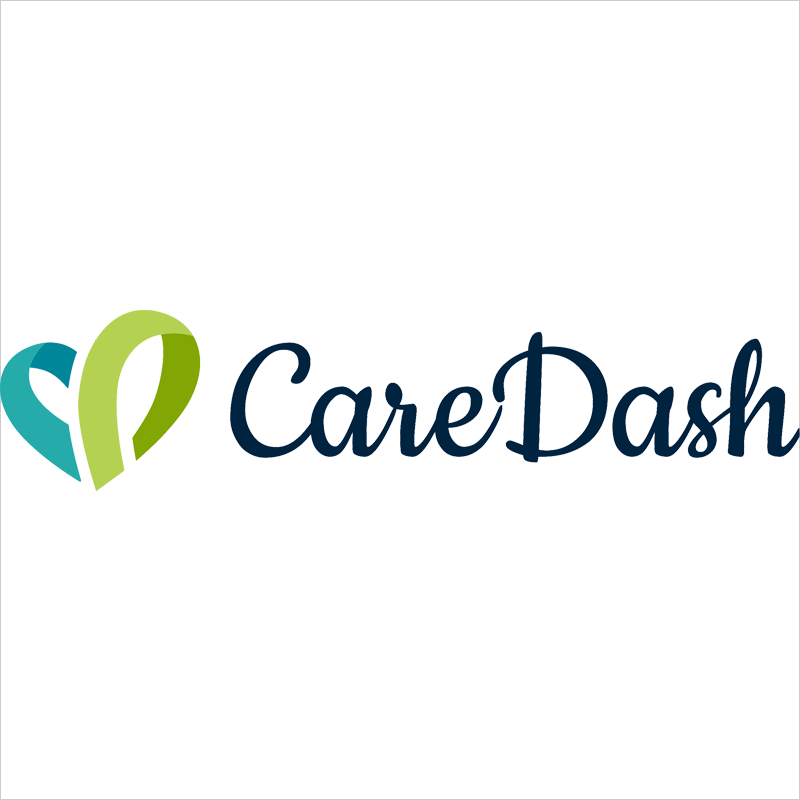 Logo of CareDash featuring a stylized heart in green and blue, followed by the company name in cursive font.