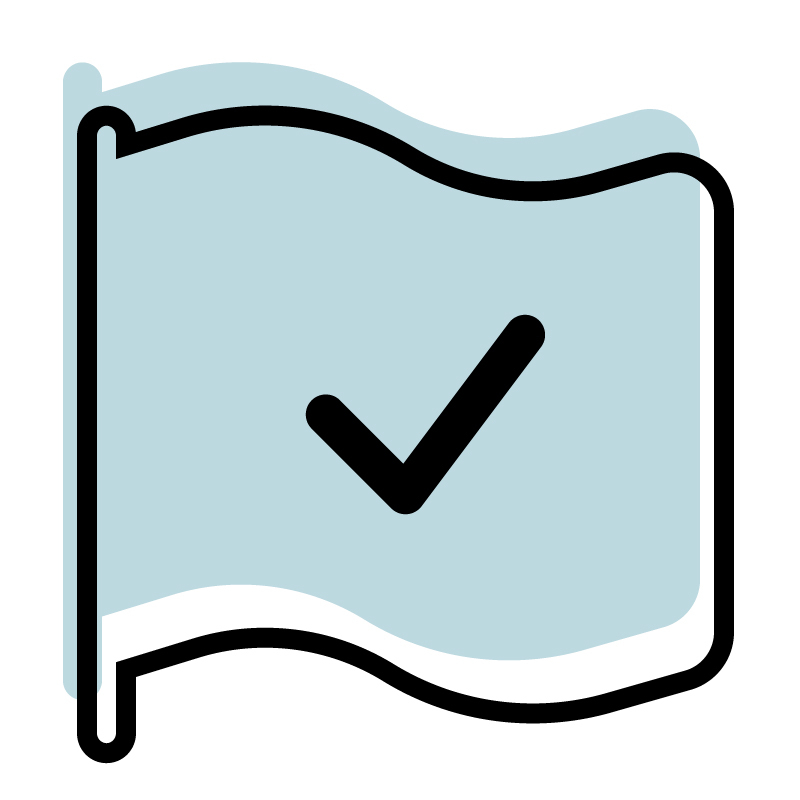 A light blue flag icon with a bold black checkmark in the center, symbolizing success and achievement in careers, outlined in black.