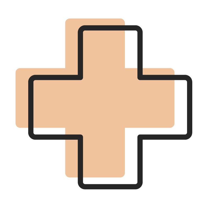 Simple medical cross icon with overlapping silhouettes in a muted color scheme, symbolizing diverse careers within the healthcare industry.