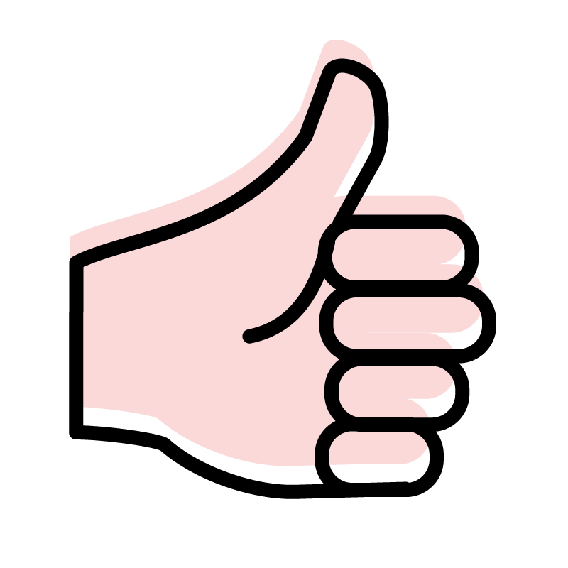 A simple illustration of a hand giving a thumbs-up gesture. The outline is bold, and the fill is a soft pink color.