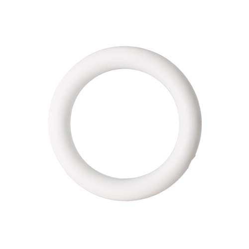 A white, circular rubber ring on a plain background.