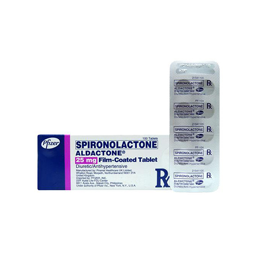 Box and blister pack of Spironolactone Aldactone 25 mg tablets, a diuretic/antihypertensive medication by Pfizer, elegantly displayed on a pristine white background.