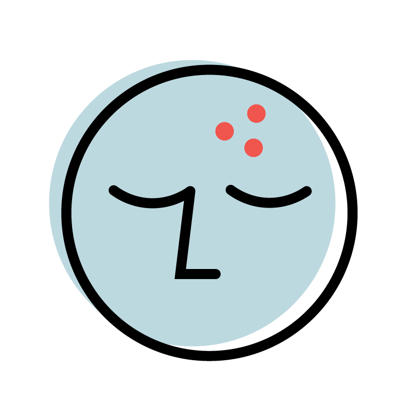 Simple illustration of a face with eyes closed and three red spots on the forehead, indicating pimples or acne.