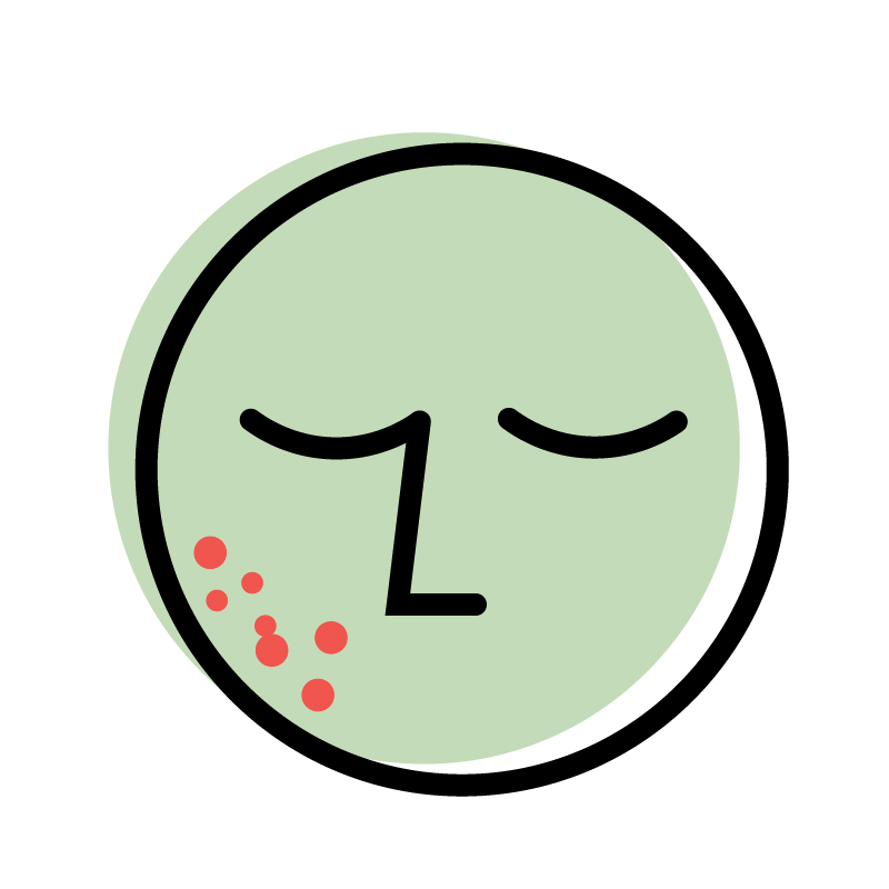 Simple illustration of a green face with closed eyes and red spots on the cheek, depicting acne.