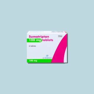 Box of Sumatriptan 100 mg tablets, 6 count, on a blue background.