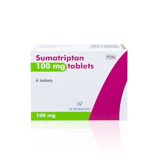 A box of Sumatriptan 100 mg tablets, containing six tablets. The box displays the brand Aurobindo and is predominantly white with green and pink accents.