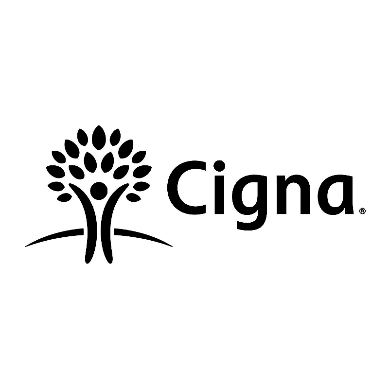 Cigna logo featuring a stylized tree with a person in the center, alongside the brand name in black text on a white background.