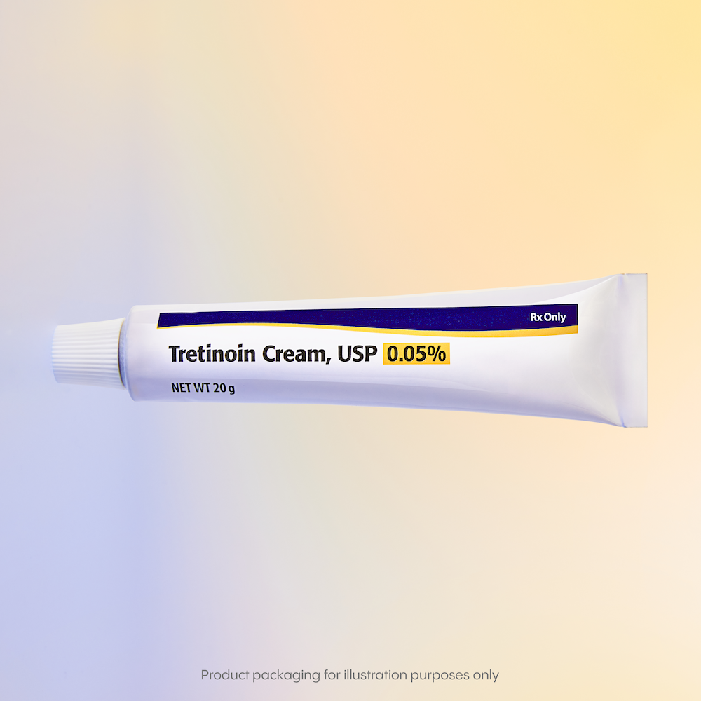 Tube of Tretinoin Cream, USP 0.05%, Net Wt 20g, with Rx only label, featured prominently on a gradient background.