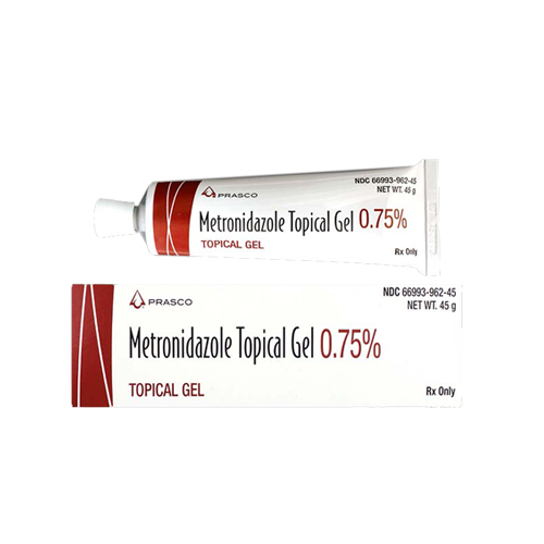 Tube and box of Prasco Metronidazole Topical Gel 0.75%, net weight 45g, labeled Rx only.