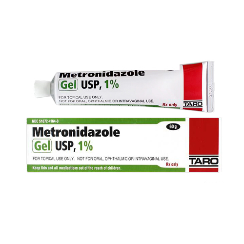 Tube and box of Metronidazole Gel USP, 1% by Taro, labeled for topical use only.