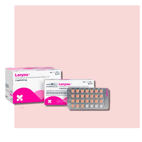 Packaging and blister pack of Loryna birth control pills displayed against a pink background.