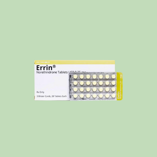 Errin norethindrone tablets in a blister pack, with packaging indicating 28 tablets per card.