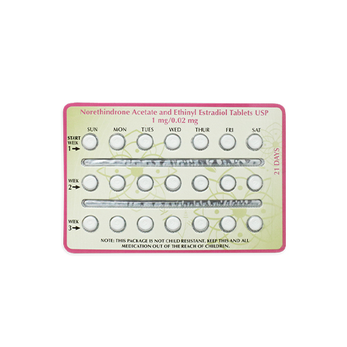 A blister pack of Mibelas 24 Fe birth control pills neatly labeled with days of the week and dosage information for easy daily use.