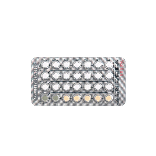 An Azurette blister pack of birth control pills features 28 tablets neatly arranged in four rows.