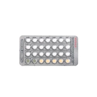 An Azurette blister pack of birth control pills features 28 tablets neatly arranged in four rows.