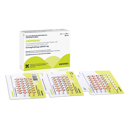 Packaging and blister packs of Jaimiess and Amethia Lo, both oral contraceptives containing levonorgestrel and ethinyl estradiol, displayed on a white background.