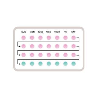 Image of a pill pack with four rows labeled by day of the week. Pink pills fill the first three rows, and green pills fill the last row, with arrows indicating the sequence.