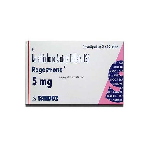 The image showcases a box of Norethisterone Acetate Tablets USP, branded as Regestrone 5 mg by Sandoz. With its sleek design, it houses four strips of 5x10 tablets. A delicate hue, reminiscent of heather, complements the professional packaging.