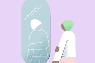 Illustration of a person in a light outfit and green headscarf looking into a large oval mirror on a lavender background.