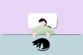 Illustration of a person with short hair leaning over a table with a curled-up black cat on it, set against a purple background.