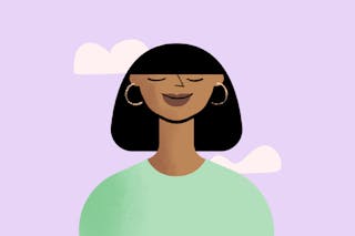 Illustration of a person with closed eyes, short black hair, and hoop earrings, wearing a green shirt against a light purple background with white cloud shapes.