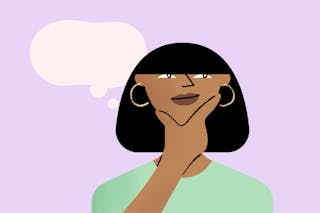 Illustration of a person with black hair, wearing hoop earrings and a green top, holding a hand to their face. A blank speech bubble is above.